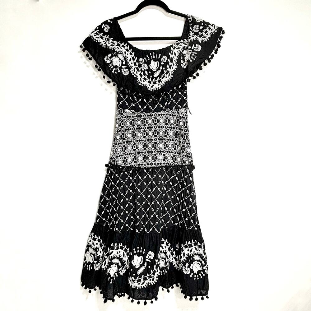 Anthropologie Marisol Off The Shoulder Embroidered Midi Dress Black, White 0